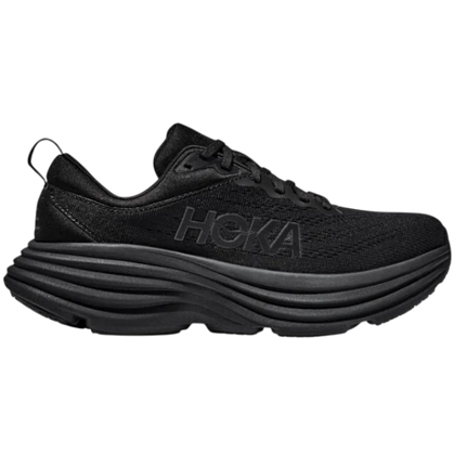 Hoka Men's Bondi 8 Shoes are black athletic shoes featuring a thick, cushioned sole for comfort and support, with \“Hoka\“ branding on the side.
