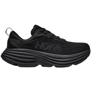 Hoka Men's Bondi 8 Shoes are black athletic shoes featuring a thick, cushioned sole for comfort and support, with \“Hoka\“ branding on the side.