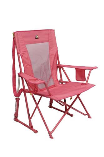 A pink folding camping chair with armrests, a mesh back panel, and a cup holder.
