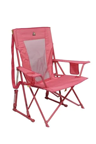 A pink folding camping chair with armrests, a mesh back panel, and a cup holder.