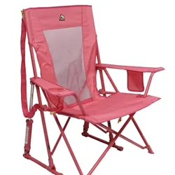 A pink folding camping chair with armrests, a mesh back panel, and a cup holder.