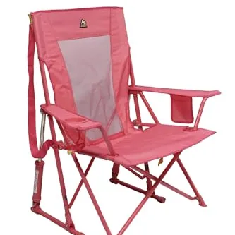 A pink folding camping chair with armrests, a mesh back panel, and a cup holder.