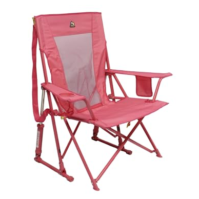 A pink folding camping chair with armrests, a mesh back panel, and a cup holder.