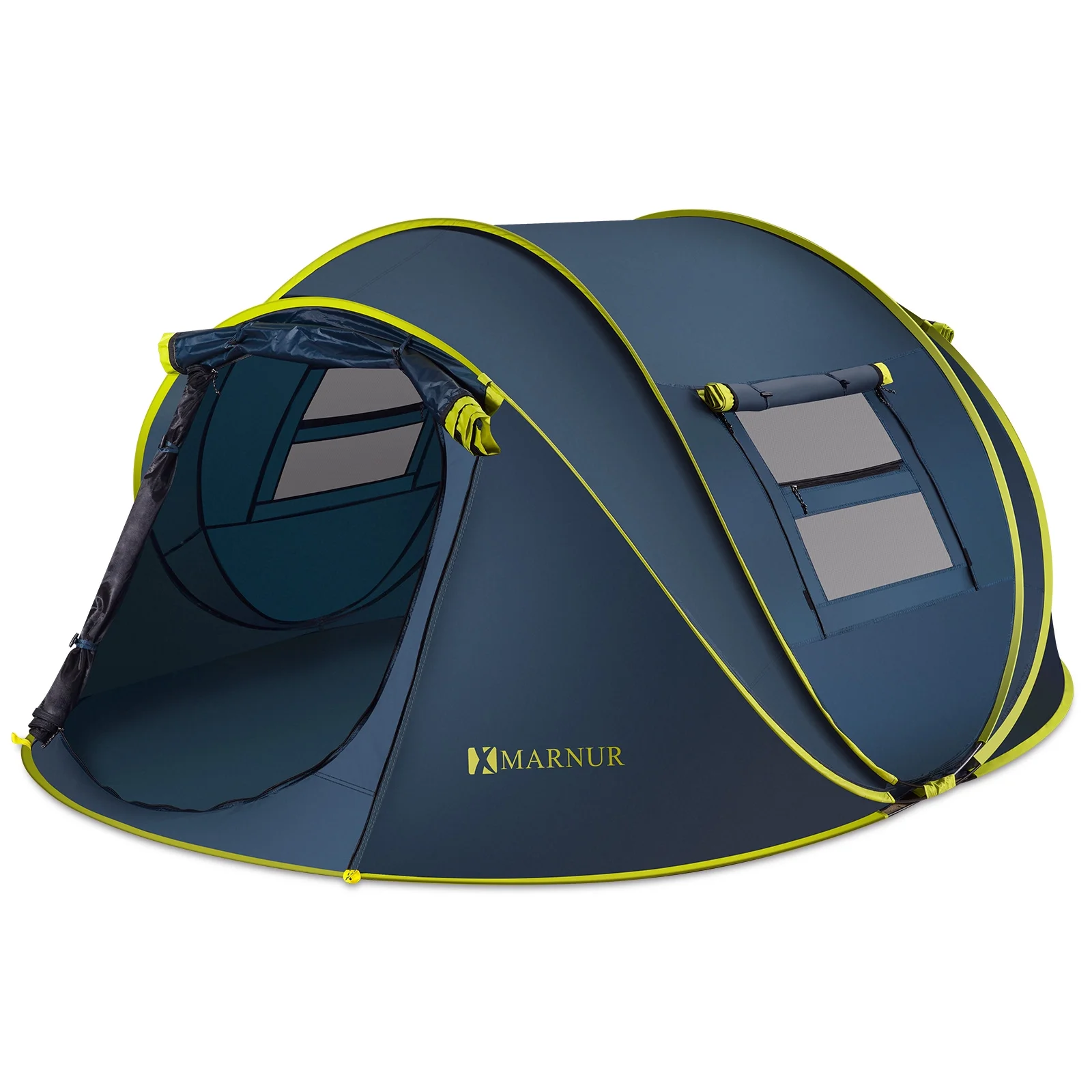 A blue pop-up camping tent with yellow trim.