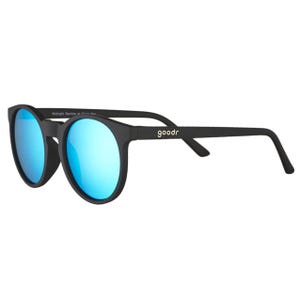 Black round-frame sunglasses with blue mirrored lenses and a sleek design, featuring the brand name \“goodr\“ on the temples.