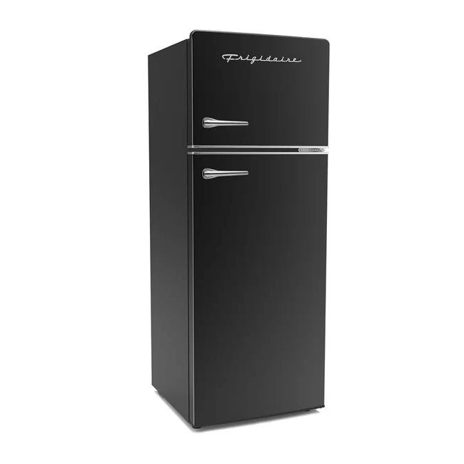 Black retro-style refrigerator with a top freezer and chrome handles, featuring the Frigidaire logo.