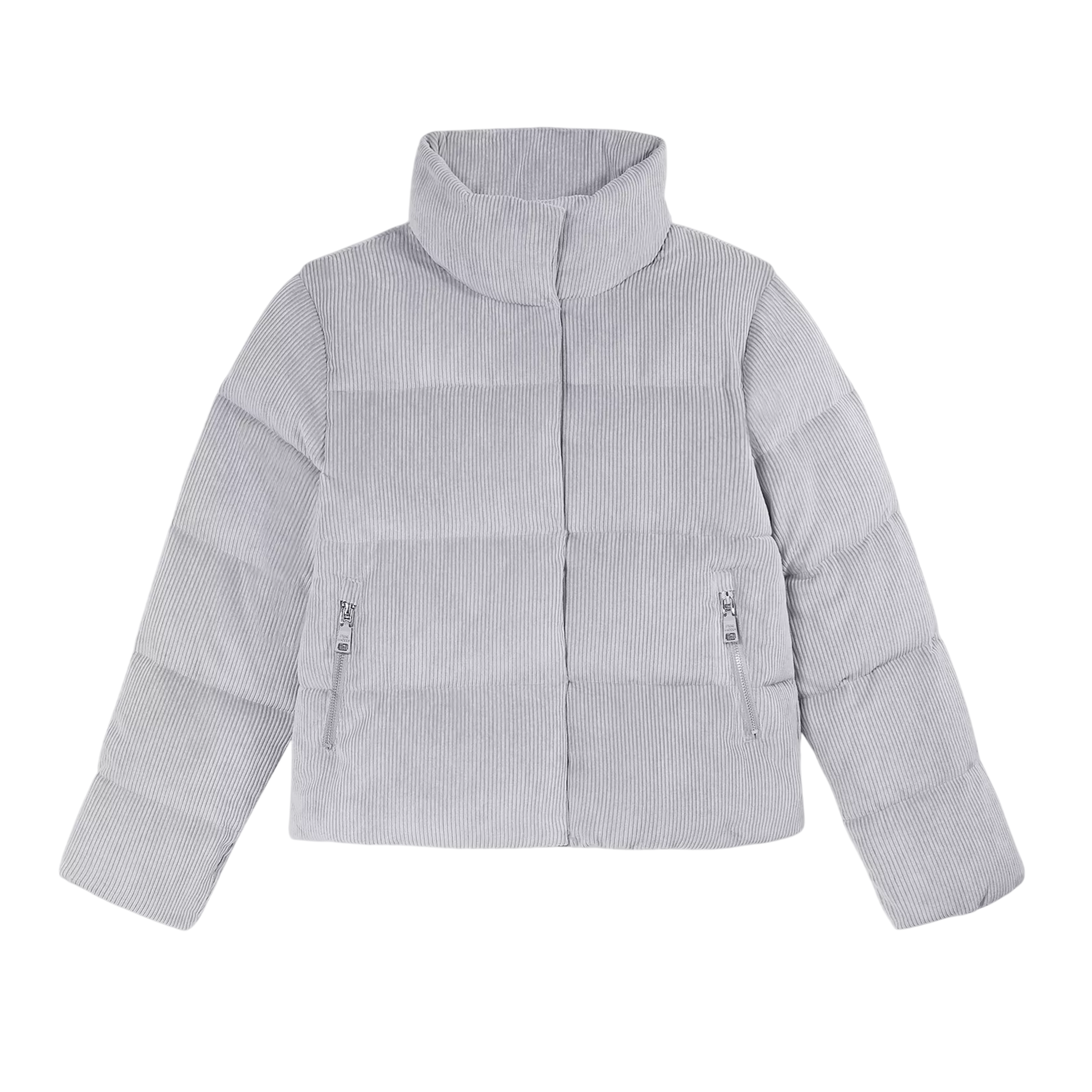 A light gray corduroy puffer jacket with a high collar and two zippered side pockets.