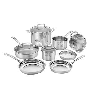 11-piece Cuisinart stainless steel cookware set includes a stockpot with lid, two saucepans with lids, a sauté pan with lid, a steamer insert, a skillet, and a frying pan.