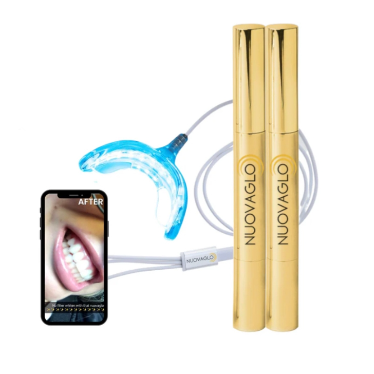 Teeth whitening kit featuring a blue LED mouthpiece, two gold whitening gel pens labeled \“NUOVAGLO,\“ and a smartphone showing before-and-after results.