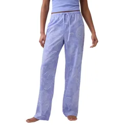 Light purple pajama pants with an elastic waistband, drawstring, and floral pattern. Worn with a matching tank top.