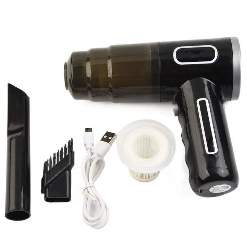 A handheld mini vacuum cleaner with attachments, including a nozzle, brush, USB charging cable, and filter.