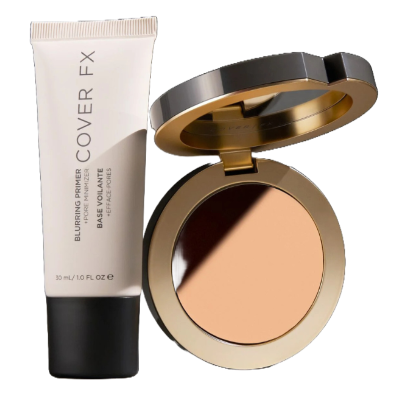Cover FX Blurring Primer (30 mL, 1.0 FL OZ) and a compact with a powder makeup.