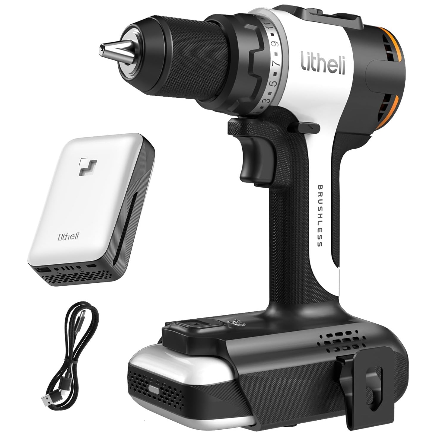The Litheli Cordless Drill is a brushless power tool featuring a white and black design. It includes a rechargeable battery and a USB charging cable.