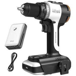 The Litheli Cordless Drill is a brushless power tool featuring a white and black design. It includes a rechargeable battery and a USB charging cable.