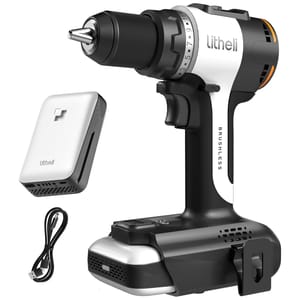 The Litheli Cordless Drill is a brushless power tool featuring a white and black design. It includes a rechargeable battery and a USB charging cable.
