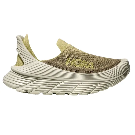 A slip-on sneaker from Hoka featuring a knit upper, cushioned midsole, and ribbed outsole for comfort and grip.