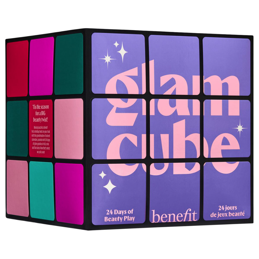 \“Benefit\“ Glam Cube featuring a colorful cube design, offers 24 days of beauty surprises for holiday celebrations, showcasing shades of pink, purple, green, and red.
