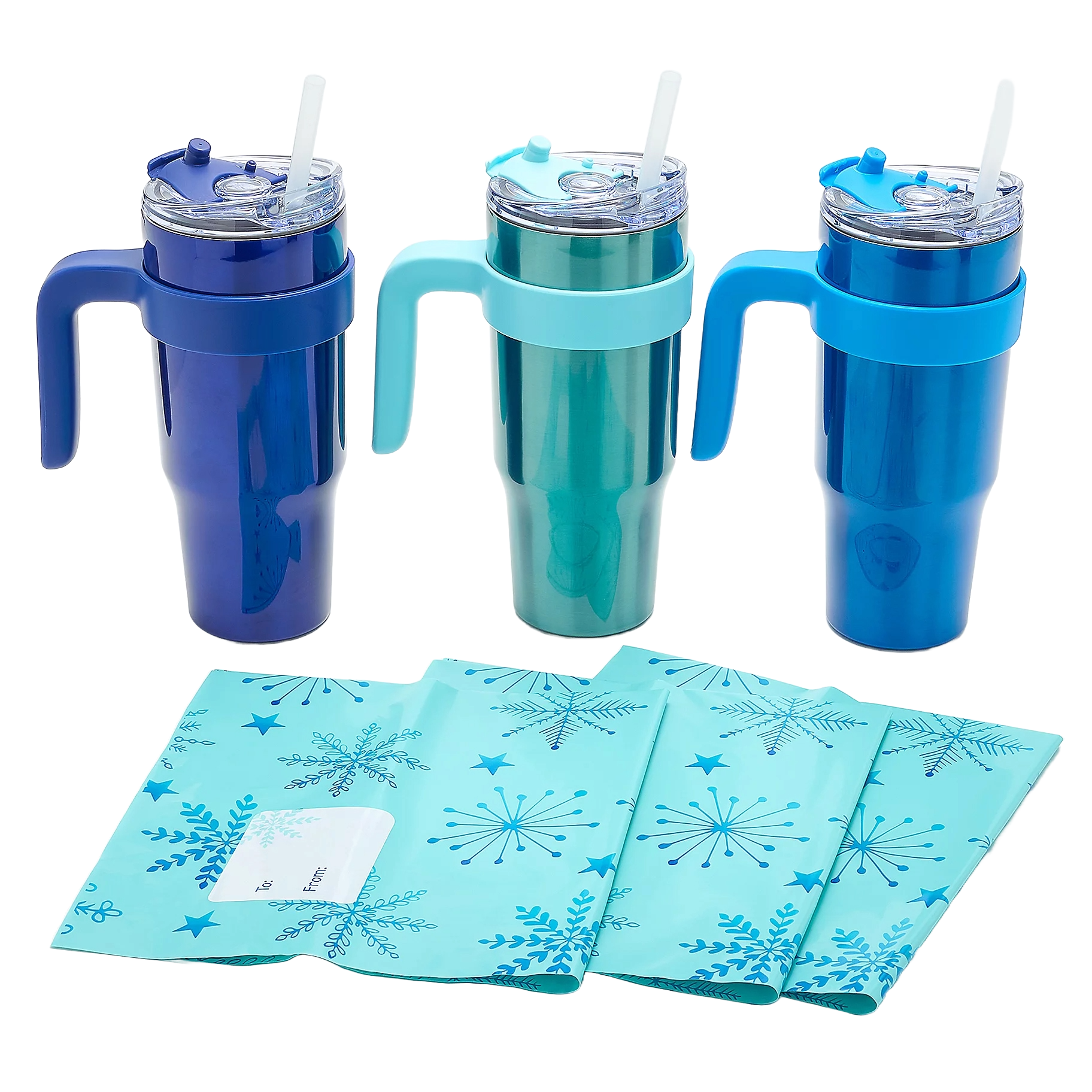 Three 30oz tumblers with handles in blue, teal, and light blue colors, each with a clear lid and straw, accompanied by light blue gift bags featuring star and snowflake designs.