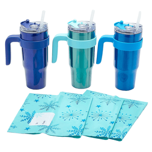 Three 30oz tumblers with handles in blue, teal, and light blue colors, each with a clear lid and straw, accompanied by light blue gift bags featuring star and snowflake designs.