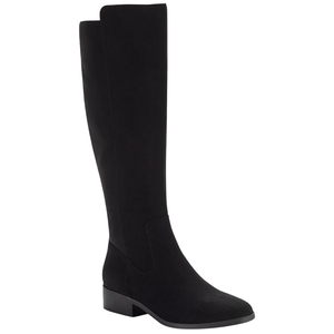 Black knee-high boot with a low heel and a sleek, minimalist design.