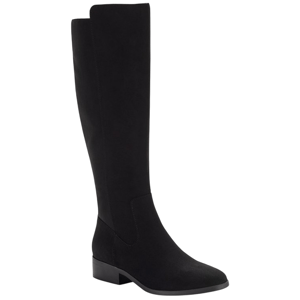 Black knee-high boot with a low heel and a sleek, minimalist design.