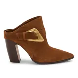 Brown suede mule with a block heel, featuring a large gold buckle accent.