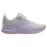 A gray running shoe with purple accents, featuring a breathable mesh upper, supportive cushioning, and a durable outsole.