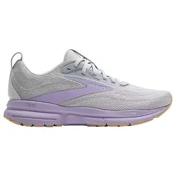 A gray running shoe with purple accents, featuring a breathable mesh upper, supportive cushioning, and a durable outsole.