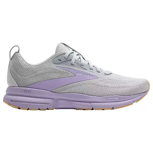 A gray running shoe with purple accents, featuring a breathable mesh upper, supportive cushioning, and a durable outsole.