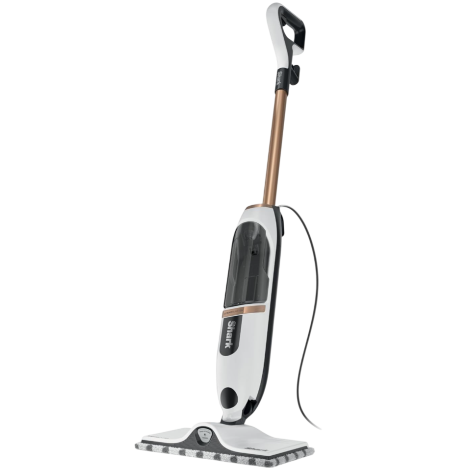 A Shark steam mop with a white and bronze design, featuring a microfiber pad for cleaning and a transparent water tank.