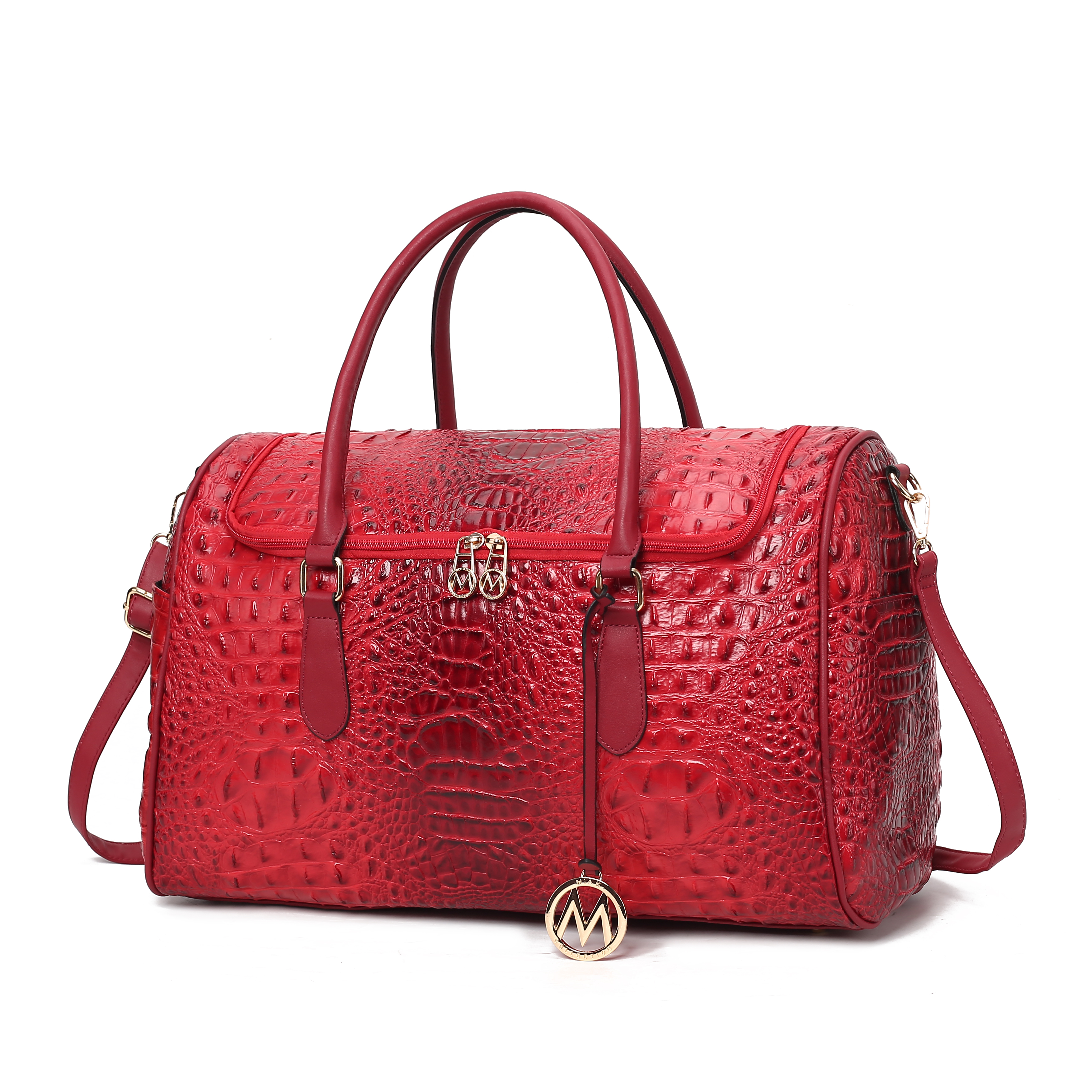 A red, crocodile-textured duffle bag with double handles, a detachable shoulder strap, and metal hardware including a circular logo charm.
