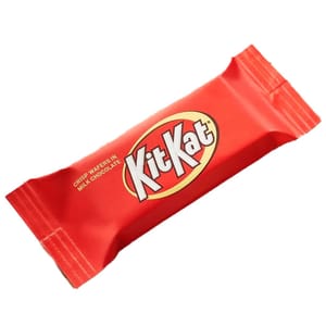 A red wrapper with the Kit Kat logo, featuring a snack-sized chocolate bar containing crisp wafers in milk chocolate.