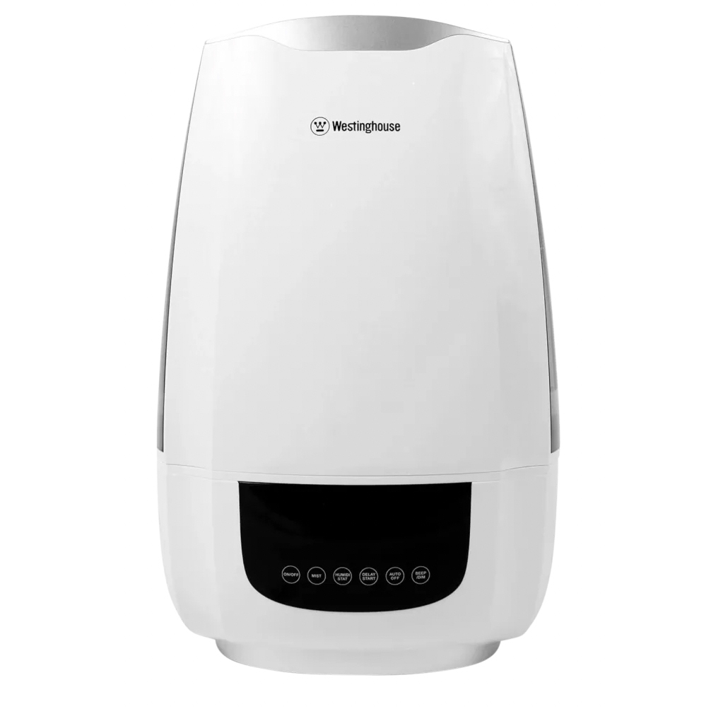 A white Westinghouse air purifier featuring a digital control panel with multiple buttons for operations.