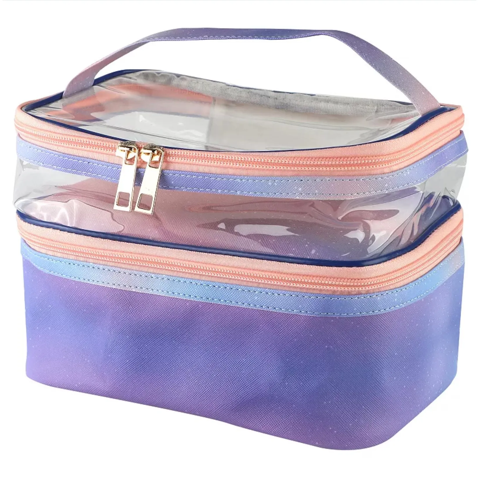 A two-layered cosmetic bag with a clear top section and colorful gradient fabric in shades of purple and blue, featuring dual zippers and a handle for portability.
