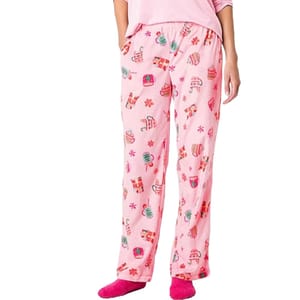 Pink pajama pants with festive holiday patterns, including hats, mittens, and snowflakes. Paired with a matching pink top and pink socks.