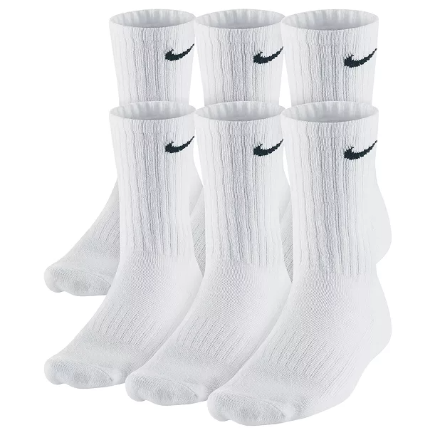 A pack of six white crew socks with a black swoosh logo near the top.