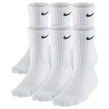 A pack of six white crew socks with a black swoosh logo near the top.