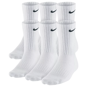 A pack of six white crew socks with a black swoosh logo near the top.