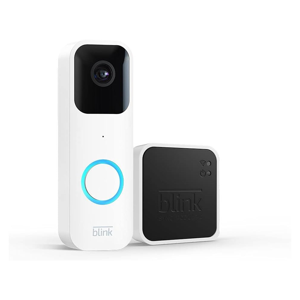 Blink Doorbell with Sync Module features a compact white doorbell camera with a blue-lit button and a small black sync module for enhanced wireless connectivity and smart home integration.