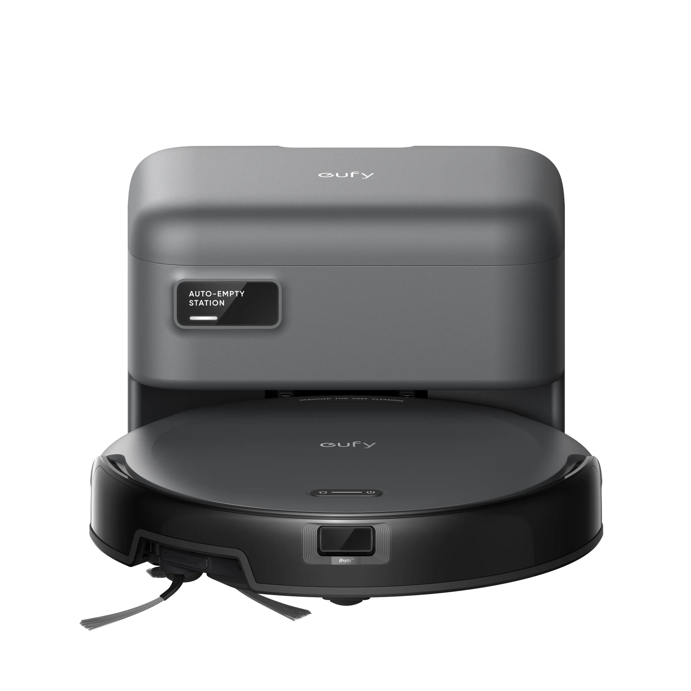 An auto-empty station with a robot vacuum cleaner from Eufy, designed to autonomously clean floors and simplify maintenance by automatically emptying collected debris.