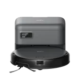 An auto-empty station with a robot vacuum cleaner from Eufy, designed to autonomously clean floors and simplify maintenance by automatically emptying collected debris.