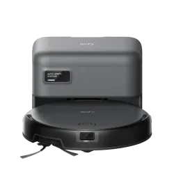 An auto-empty station with a robot vacuum cleaner from Eufy, designed to autonomously clean floors and simplify maintenance by automatically emptying collected debris.