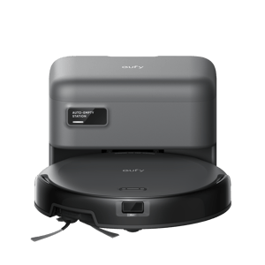 An auto-empty station with a robot vacuum cleaner from Eufy, designed to autonomously clean floors and simplify maintenance by automatically emptying collected debris.