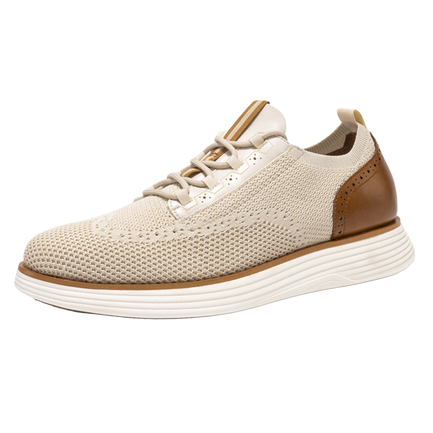 Men's Knit Oxford Shoes in beige feature a breathable knit upper, lace-up design, and brown leather accents at the heel. They have a white and tan cushioned sole for comfort and style.