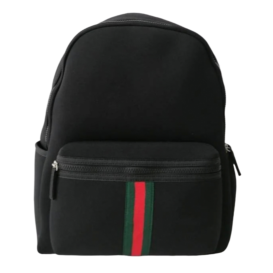 Black backpack with dual zippers, featuring a front pocket adorned with a green and red stripe.