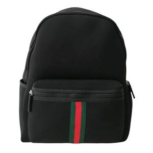 Black backpack with dual zippers, featuring a front pocket adorned with a green and red stripe.