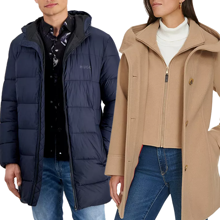 A man in a navy blue puffer jacket and a woman in a camel-colored coat with jeans are shown, highlighting stylish outerwear options for colder weather.