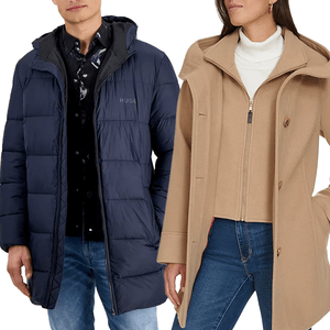 A man in a navy blue puffer jacket and a woman in a camel-colored coat with jeans are shown, highlighting stylish outerwear options for colder weather.