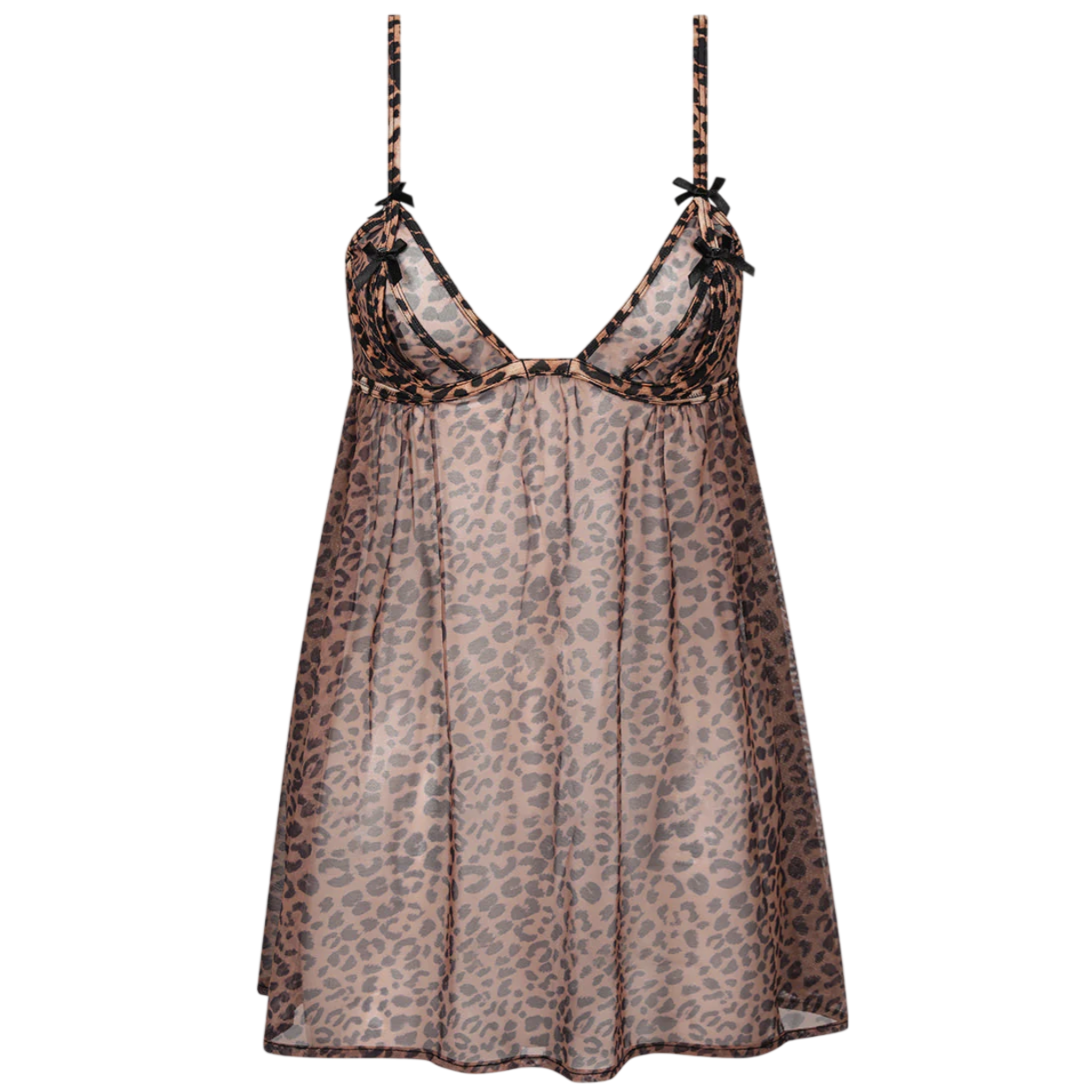 A sheer leopard print babydoll with thin straps and black bow accents.