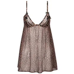 A sheer leopard print babydoll with thin straps and black bow accents.